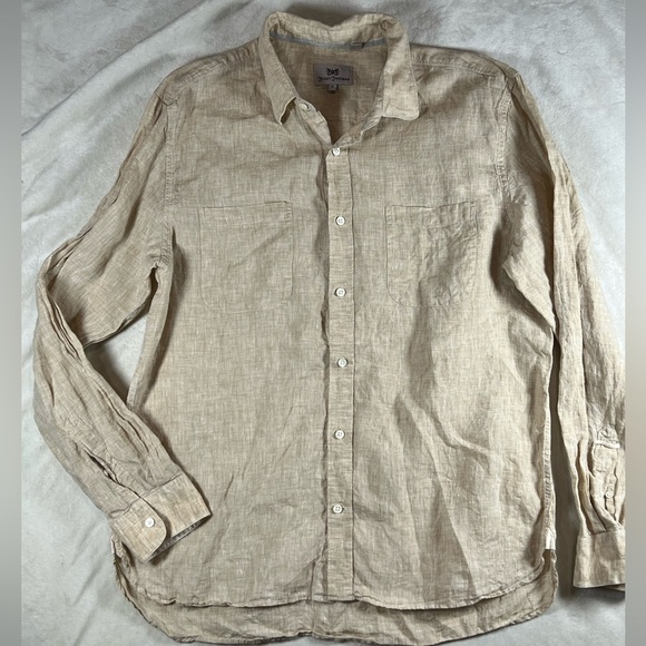 Hickey Freeman 100% Linen XL Light Tan Summer Spring Beach Vacation Shirt Zegna - Picture 2 of 12